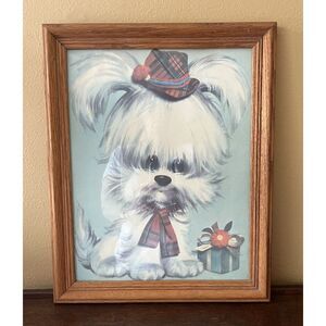 Vintage Colonial Studios 1970 Framed‎ White Puppy Scotty Dog Plaid Hat Print